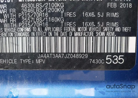 2018 Mitsubishi Eclipse Cross Es z USA, uszkodzony, nr VIN JA4AT3AA7JZ048929